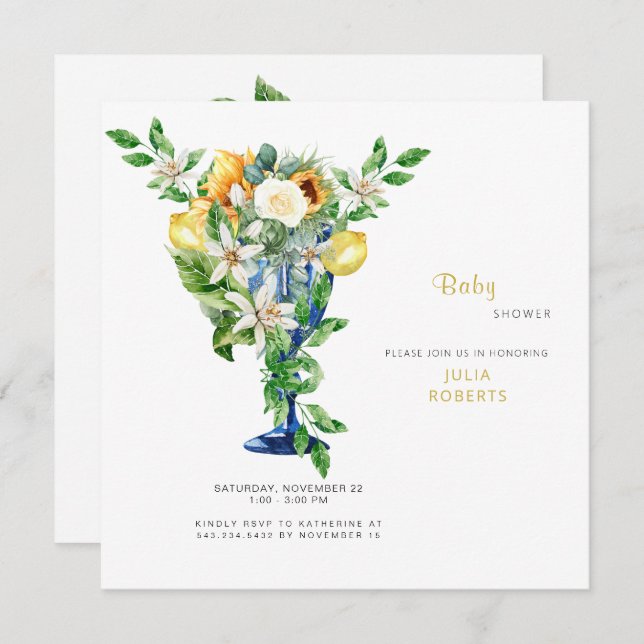 Convites Chá de fraldas Floral Neutral Mediterrânica (Frente/Verso)