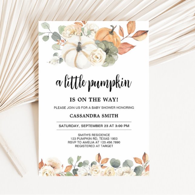 Convites Chá de fraldas Floral Pequeno de Abóbora (Rustic Floral Pumpkin Baby Shower Invitation)
