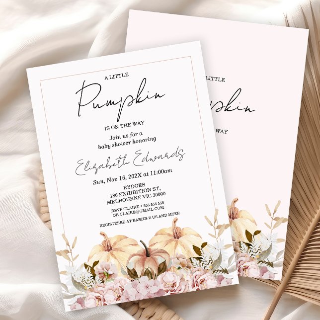 Convites Chá de fraldas Floral Pequeno de Abóbora (Girls Little Pumpkin Baby Shower Invitation, Fall Boho Floral Pumpkin Baby Shower Invite, Autumn )
