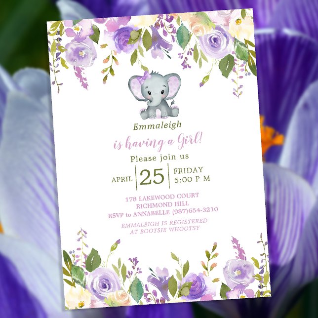 Convites Chá de fraldas Floral Primavera de Elefante Roxo-C (Criador carregado)