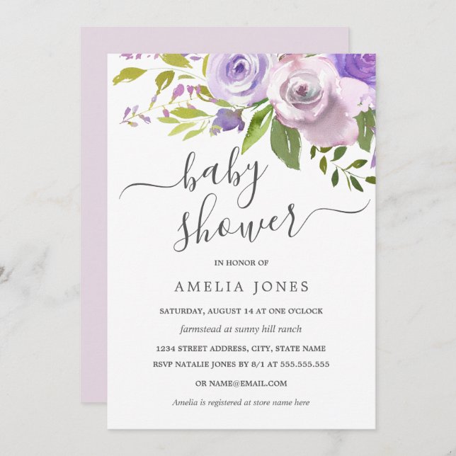 Convites Chá de fraldas Floral Puro de Aquarela (Frente/Verso)