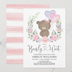 Convites Chá de fraldas Floral Púrpura De Urso Rosa, Garo