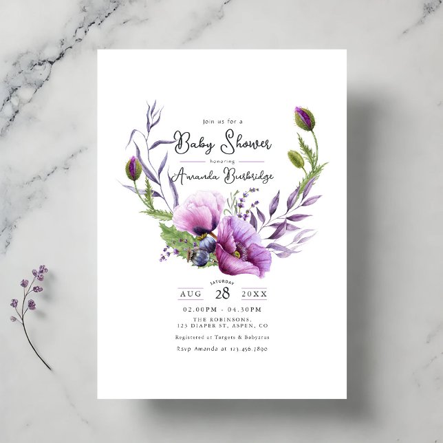 Convites Chá de fraldas Floral Púrpura Pastel (Pastel Purple Poppy Floral Wreath Baby Shower Invitation)
