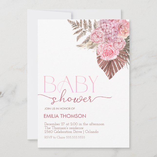 Convites Chá de fraldas Floral Rosa Boho (Frente)