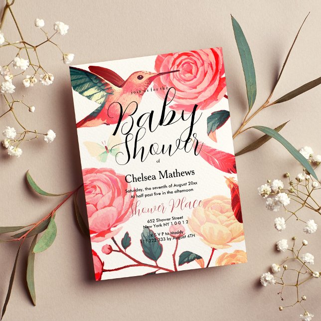 Convites Chá de fraldas floral rosa-coral (Coral pink teal hummingbird floral Baby Shower Invitation)