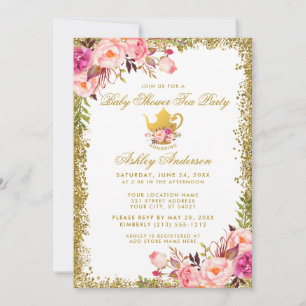 Convites Chá de fraldas Floral Rosa Dourado Tea Party Conv