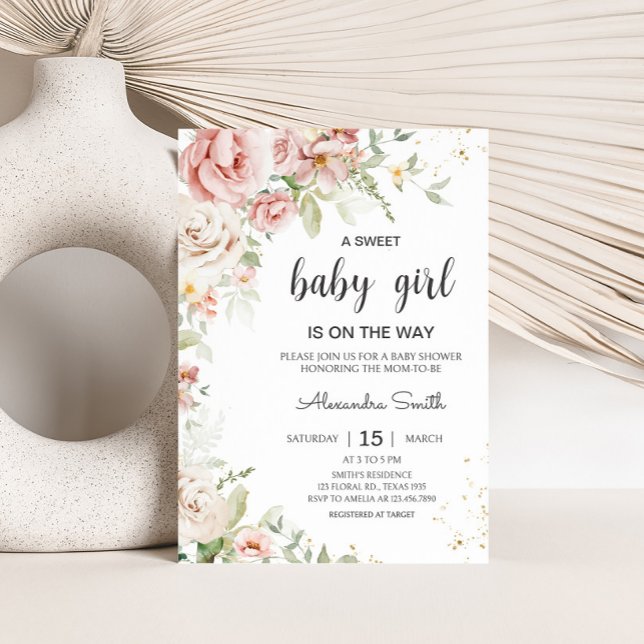 Convites Chá de fraldas Floral Rosa Dusty (Dusty Pink Greenery Floral Baby Shower)
