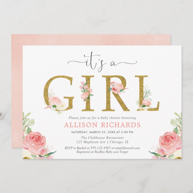 Convites Chá de fraldas floral rosa e dourado, é uma menina (Frente/Verso)