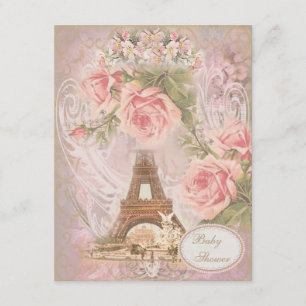 Convites Chá de fraldas Floral Rosa Eiffel Torre Chique