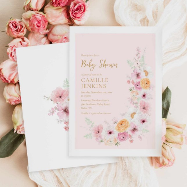 Convites Chá de fraldas Floral Rosa Elegante (Outdoor Summer Girl Baby Shower Invitation)
