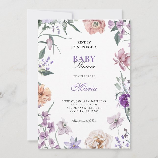Convites Chá de fraldas floral roxo (Frente)