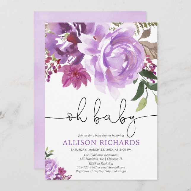 Convites Chá de fraldas floral roxo da menina, primavera do (Frente/Verso)