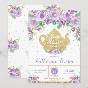 Convites Chá de fraldas Floral Roxo, Tea Party Baby Girl