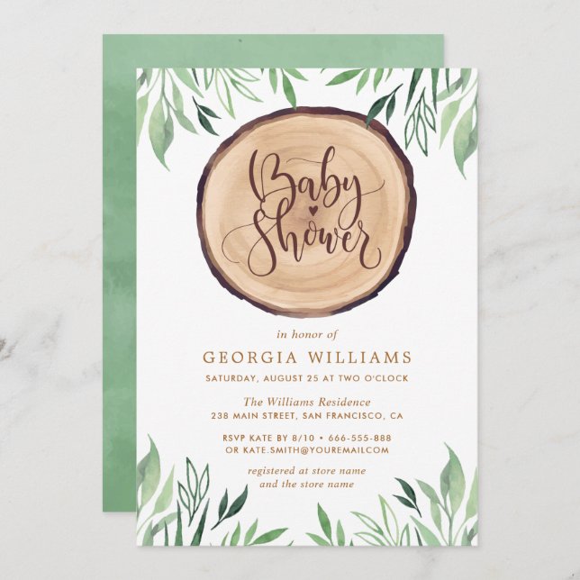 Convites Chá de fraldas Floral Russo de Madeira Aquarela (Frente/Verso)