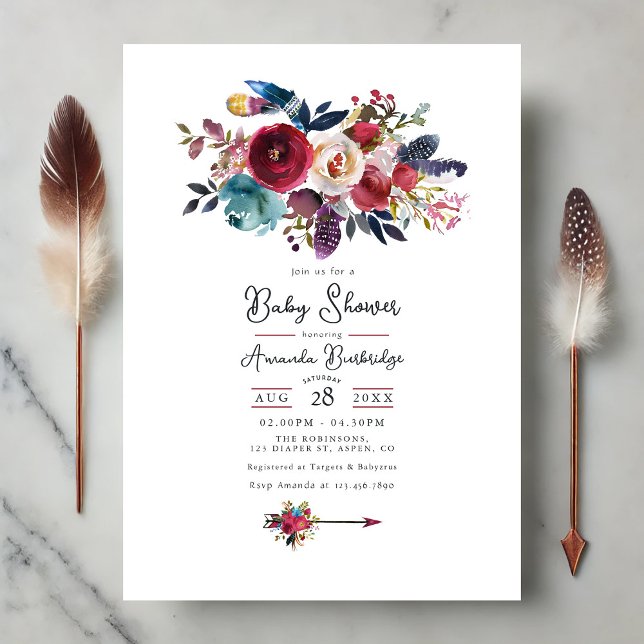 Convites Chá de fraldas Floral Rustic Burgundy Boho (Rustic Burgundy Boho Floral Baby Shower Invitation)