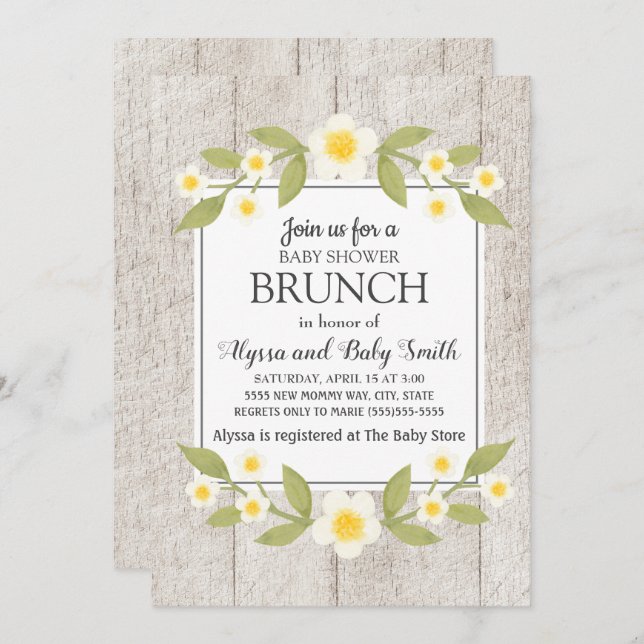 Convites Chá de fraldas Floral Rustic Wood White Brunch (Frente/Verso)