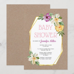 Convites Chá de fraldas floral rústico Dourado do papel d