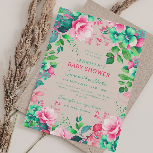 Convites Chá de fraldas Floral Summer Save Date Champagne (Summer Floral Baby Shower Save Date Champagne Invitation)