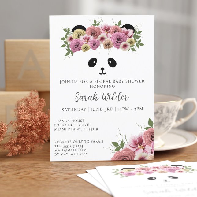 Convites Chá de fraldas Floral, Tema do Urso Panda, Garota  (A pretty panda baby shower invitation just for you)