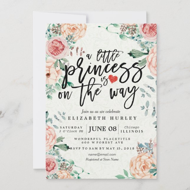 Convites Chá de fraldas Floral, uma pequena princesa está a (Frente)