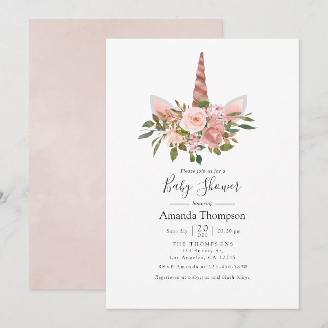 Convites Chá de fraldas Floral Unicorn Blush e Rosa Dourado (Frente/Verso)