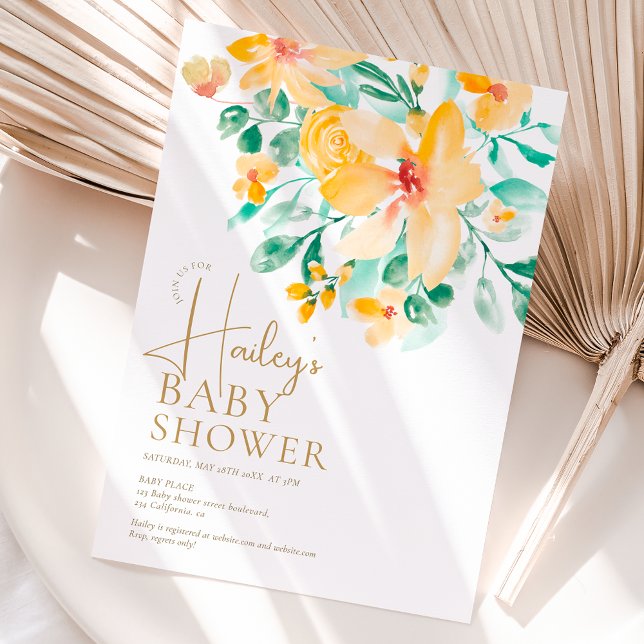 Convites chá de fraldas floral verde-amarelo bonito para ja (Pretty garden yellow green floral baby shower invitation)