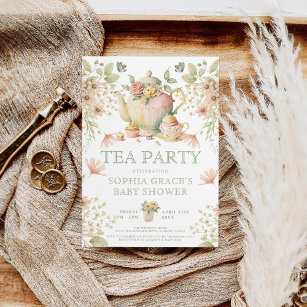 Convites Chá de fraldas Floral Verde e Rosa do Tea Party