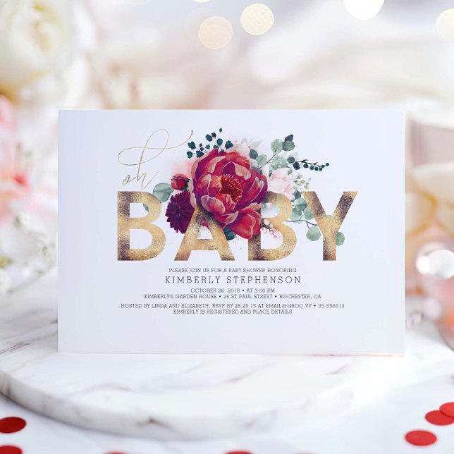 Convites Chá de fraldas Floral Vermelho e Rosa Esbranquiçad (Floral Baby Shower Invitations)