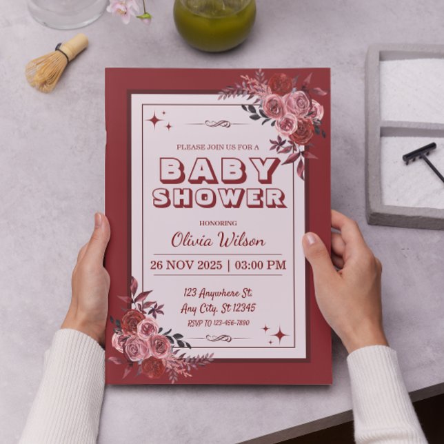 Convites Chá de fraldas Floral Vermelho e Rosa Esbranquiçad (Criador carregado)