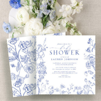 Convites Chá de fraldas Floral Vitoriano Azul e Branco
