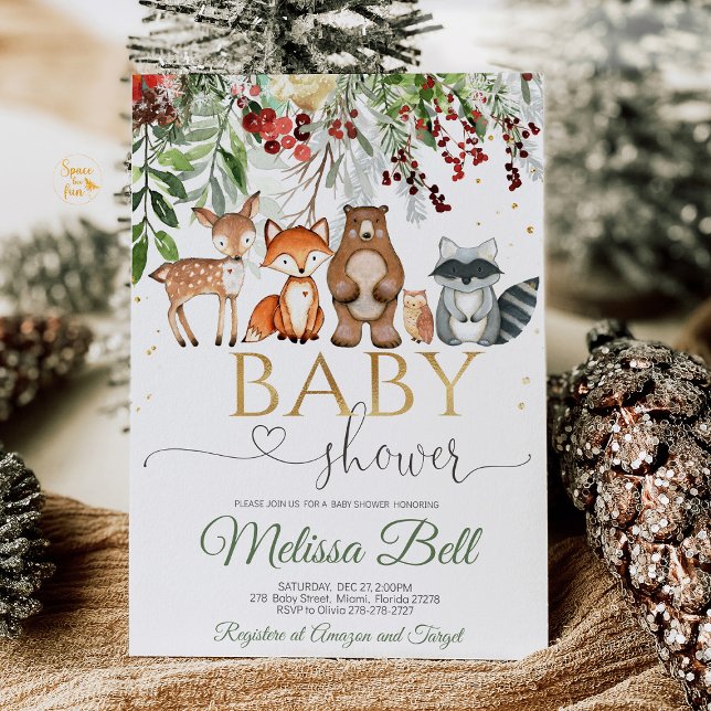 Convites Chá de fraldas florestal (Woodland Forest Animal Baby Shower invitation with cute forest creatures like deer, foxes, and bears)