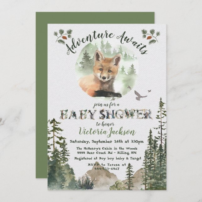 Convites Chá de fraldas florestal Adventure Woodland Baby F (Frente/Verso)