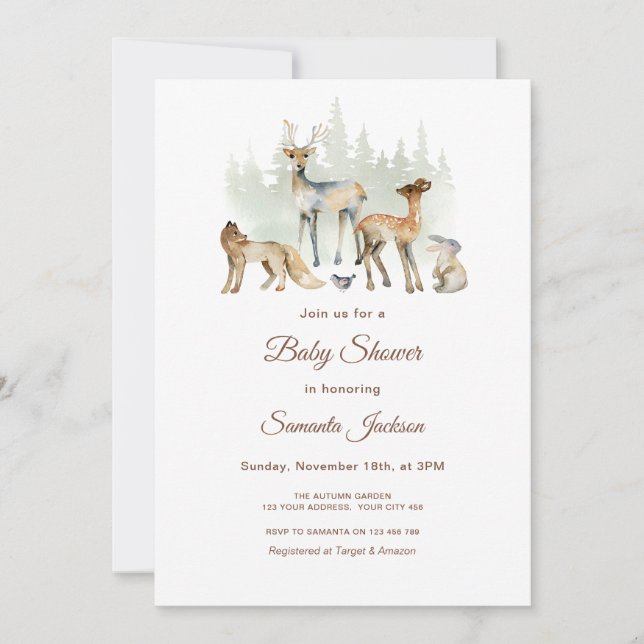 Convites Chá de fraldas Florestal de Animais (Frente)