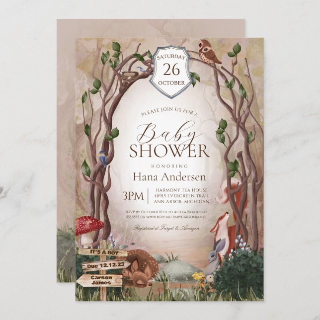 Convites Chá de fraldas Florestal de Madeira (Frente/Verso)