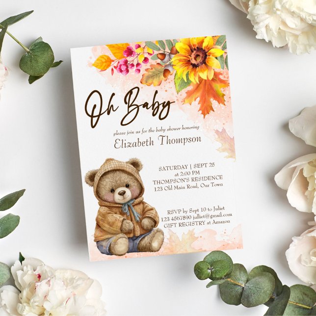 Convites Chá de fraldas foliar de outono do urso de pelúcia (Cute teddy bear fall baby shower invitation template instant download oh baby invite autumn foliage)