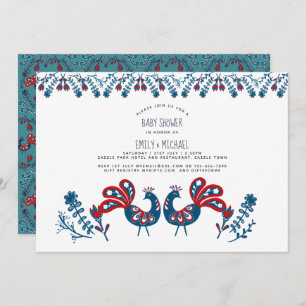 Convites Chá de fraldas Folk Art Convida Aves Escandinavas