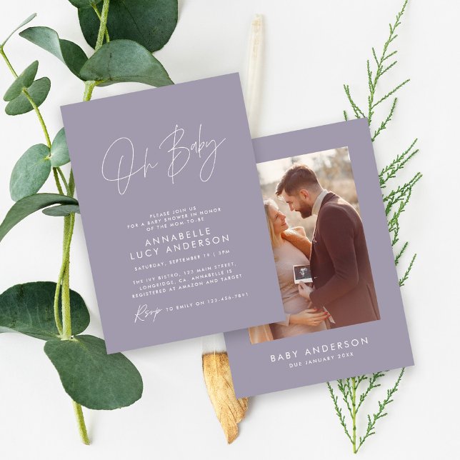 Convites Chá de fraldas, foto lilac roxa elegante moderna (Criador carregado)