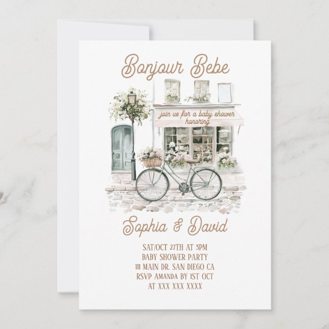 Convites Chá de fraldas Francês Bonjour Bebe Floral (Frente)
