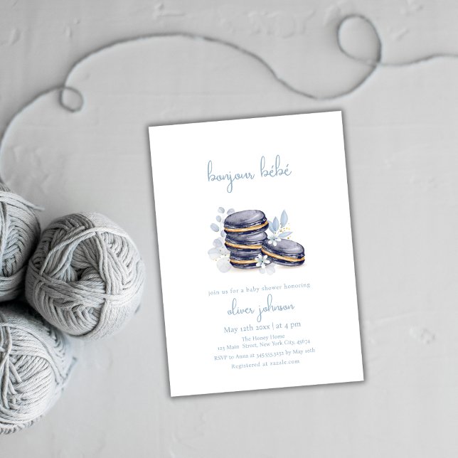 Convites Chá de fraldas francês Floral Bonjour Bébé Macaron (French Floral Bonjour Bébé Macaron Baby Shower Invitation)