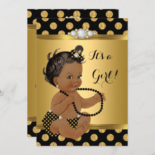 Convites Chá de fraldas Garota Ouro Folha Preta Pérolas Neg