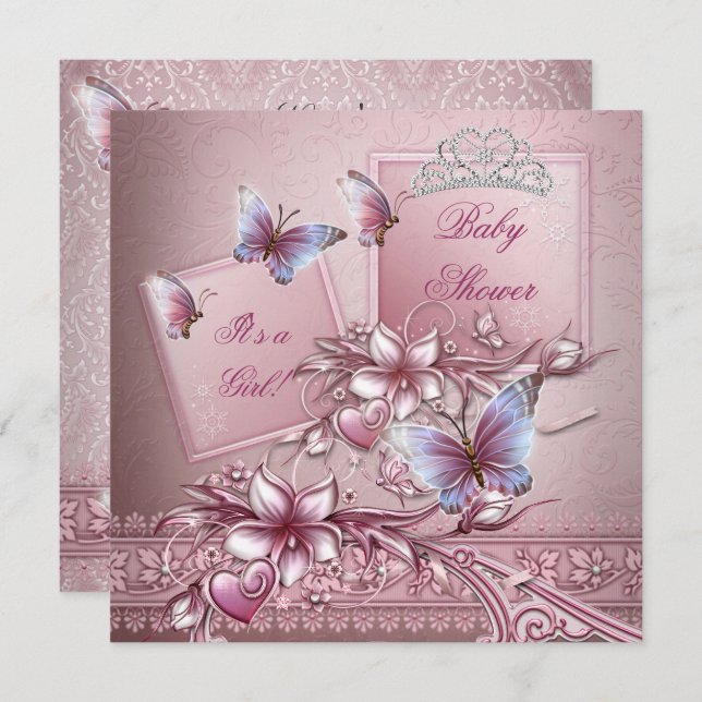 Convites Chá de fraldas Garota Rosa Princesa Borboleta (Frente/Verso)