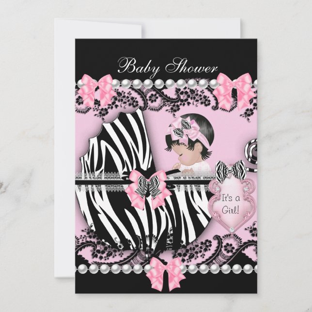 Convites Chá de fraldas, Gatinha Rosa Zebra Lace 2 (Frente)