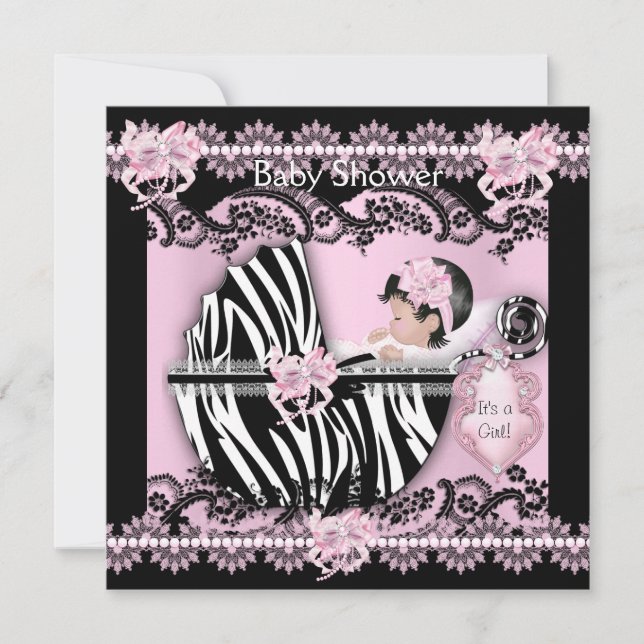 Convites Chá de fraldas, Gatinha Rosa Zebra, Lace NOVO (Frente)