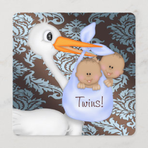 Convites Chá de fraldas Gêmeo Azul-Castanho e Azul-Damasco