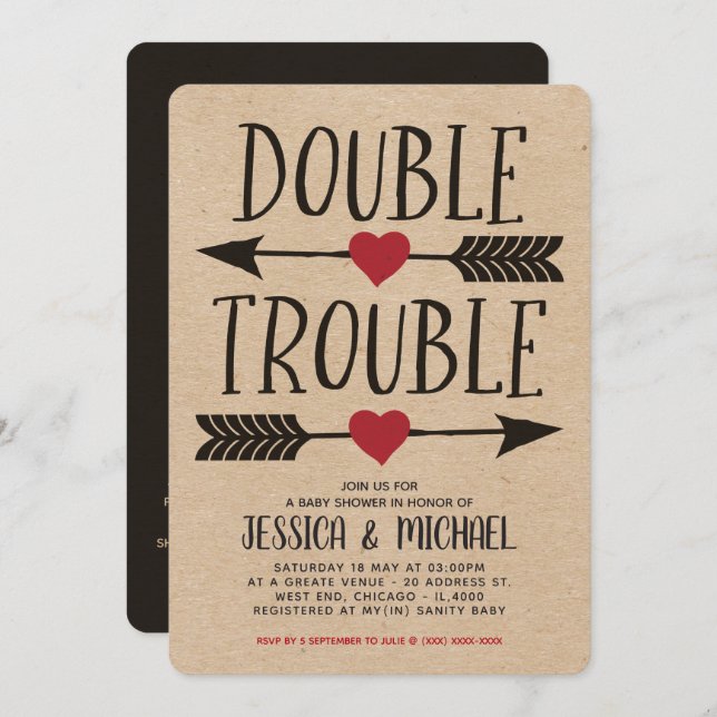 Convites Chá de fraldas Gêmeo com Problemas Duplos do Faux  (Frente/Verso)