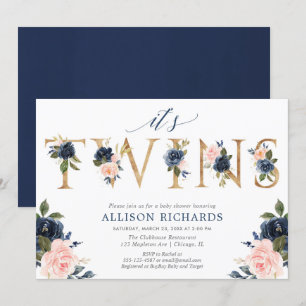 Convites Chá de fraldas gêmeo, gêmeo branco rosa azul flora