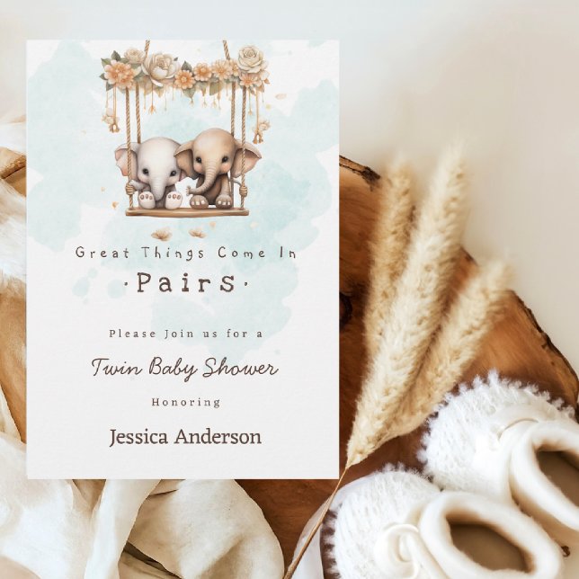 Convites Chá de fraldas Gêmeo Neutro de Gênero do Elefante  (Criador carregado)