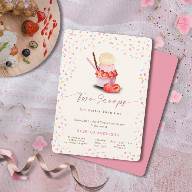 Convites Chá de fraldas Gêmeos | Duas Colheres São Melhores (Twins Baby Shower | Two Scoops Are Better Than One Invitation)