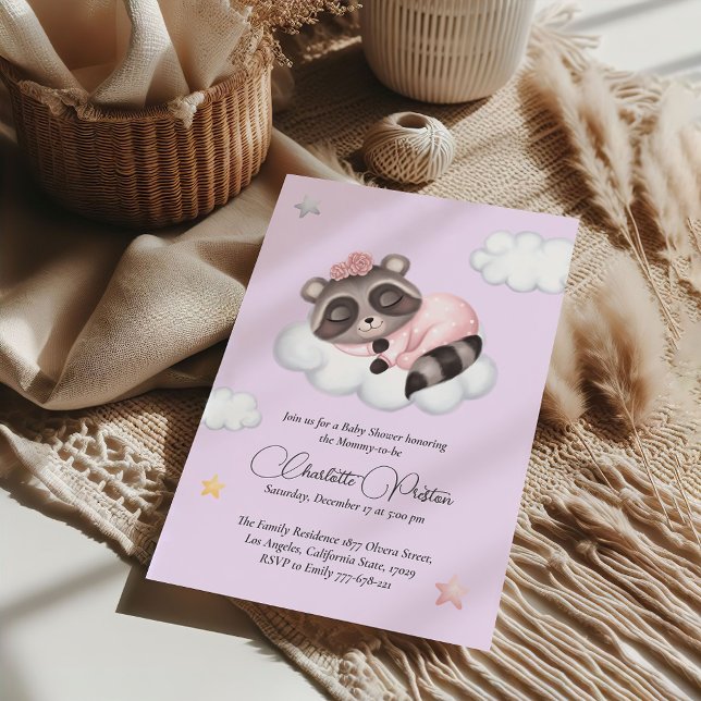 Convites Chá de fraldas Gentcoon Animal Girl (Gentle Raccoon Animal Girl Baby Shower Invitation)