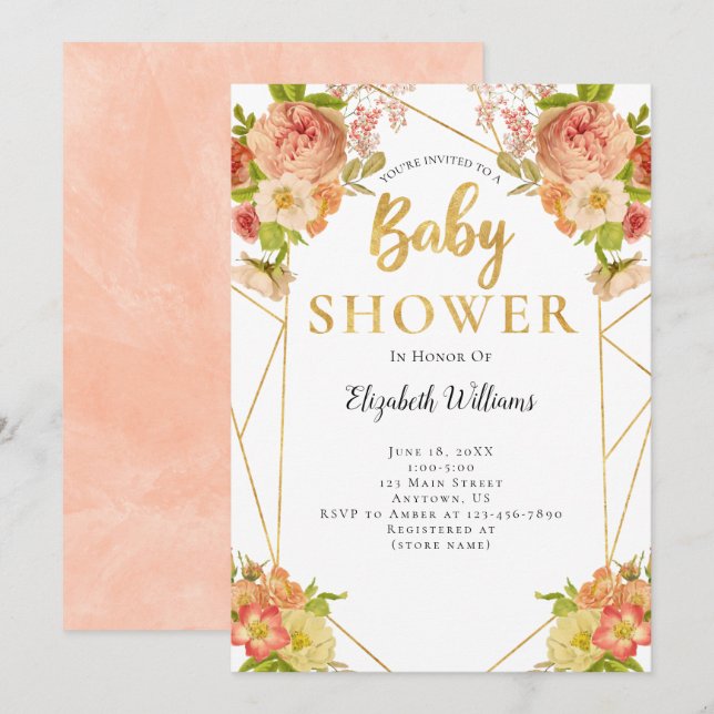 Convites Chá de fraldas Geométrico das Flores de Pêssego (Frente/Verso)